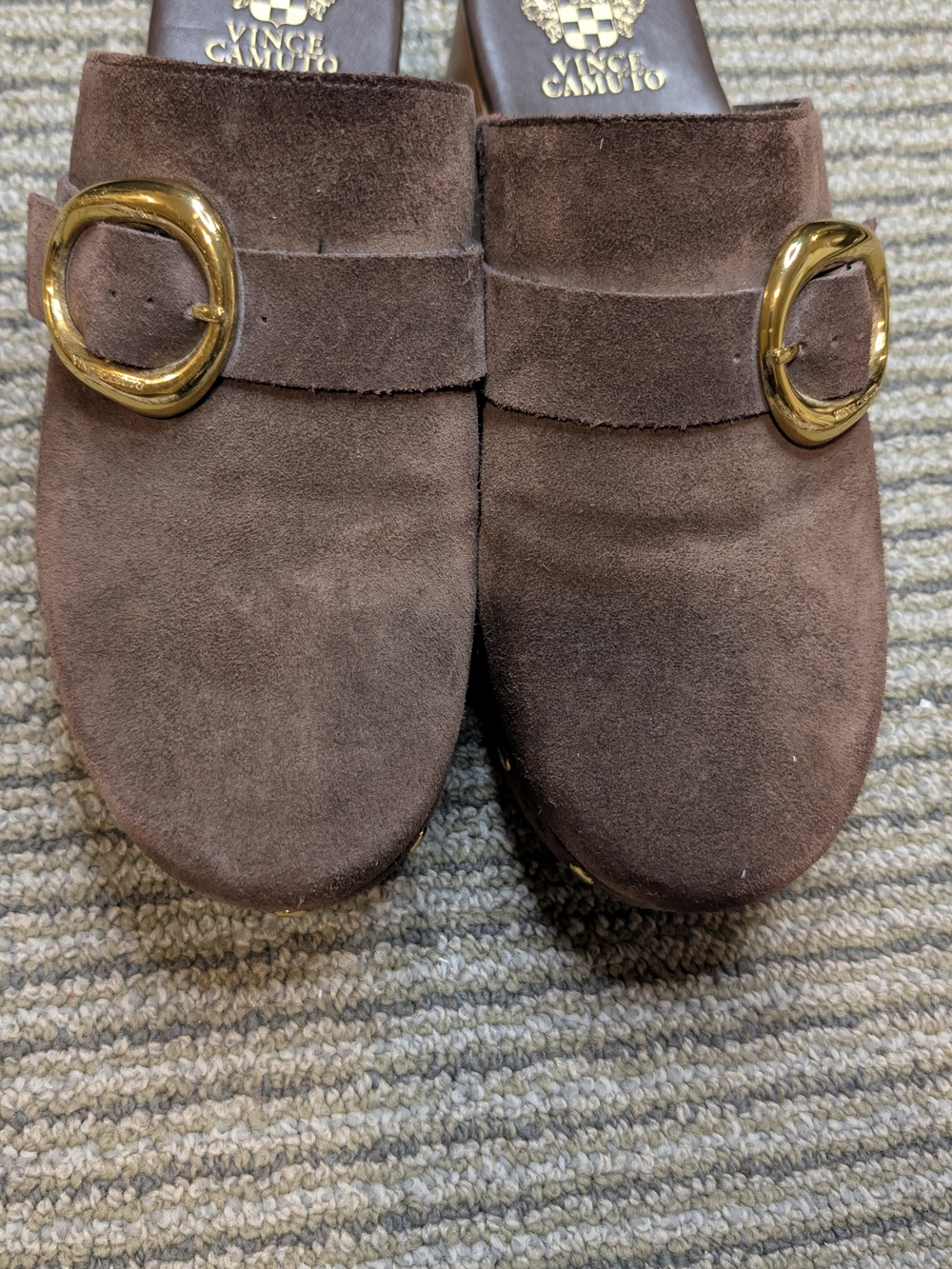 Vince Camuto Brown Suede Slip-On Mules with Gold Buckle